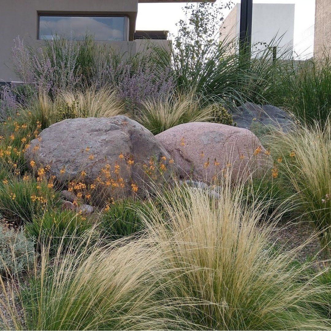 Boulders and ornamental grasses in a garden bed