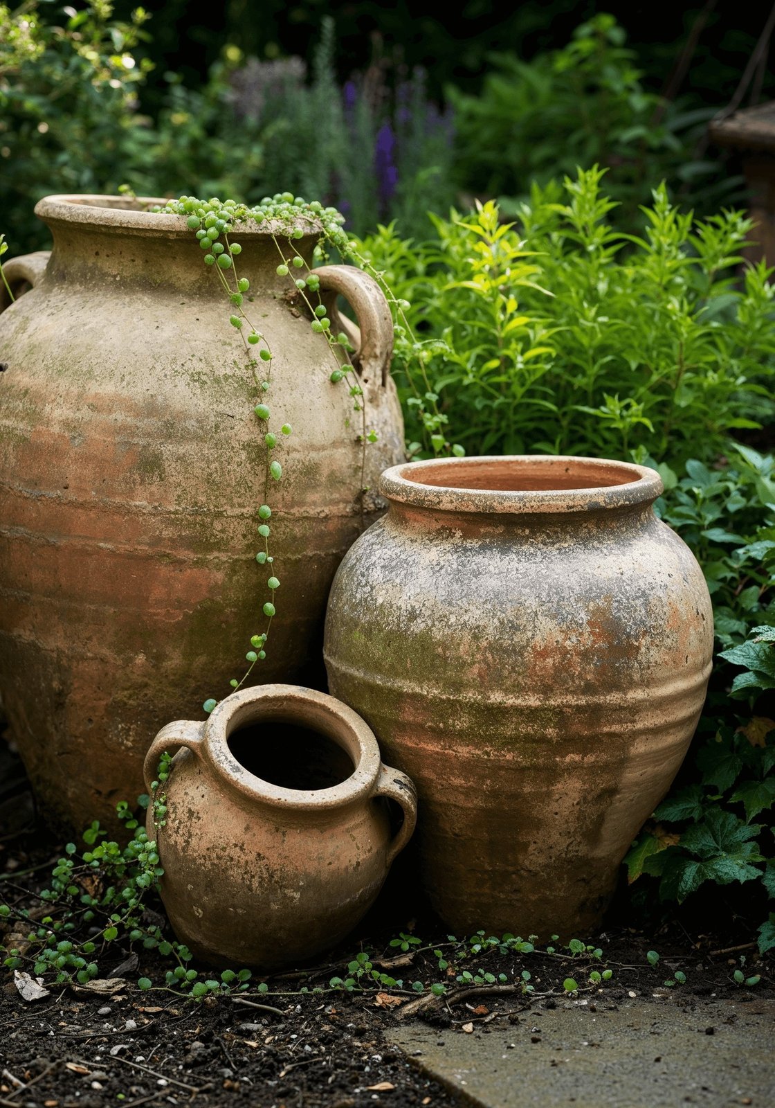 Old terracotta pots among lush garden plants